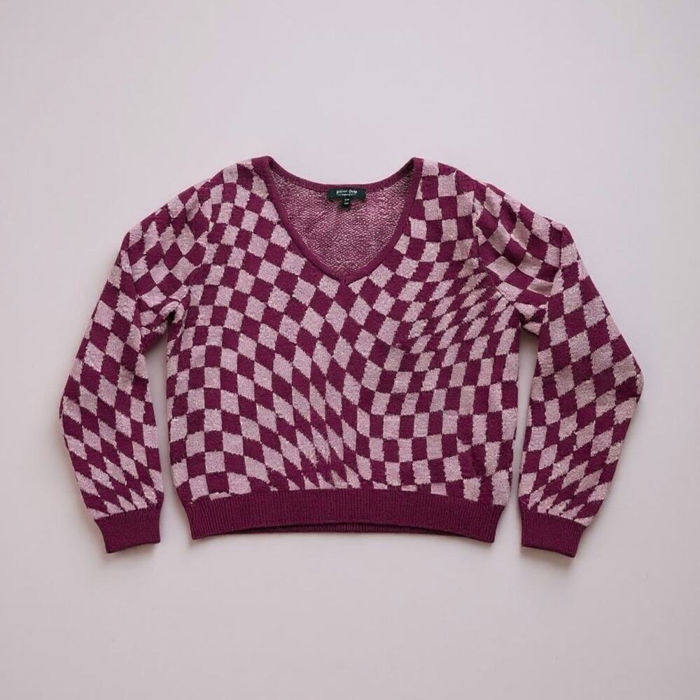 Witty Fox Burgundy & Pink Optical Checkerboard Sweater - Women’s XL